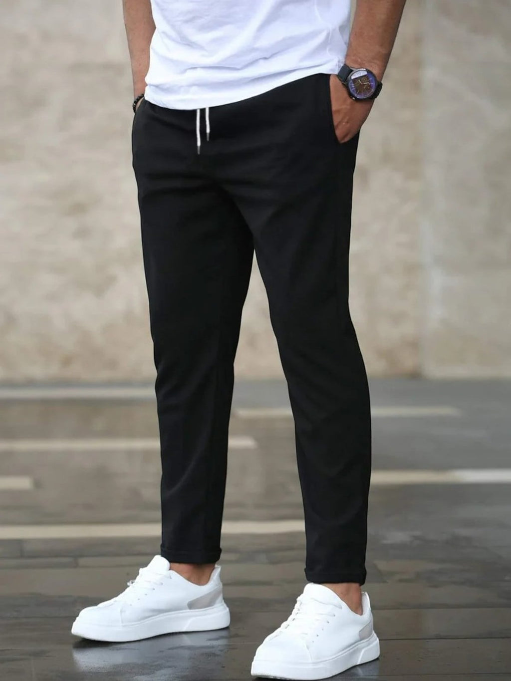 men's slim fit stretch trousers in black