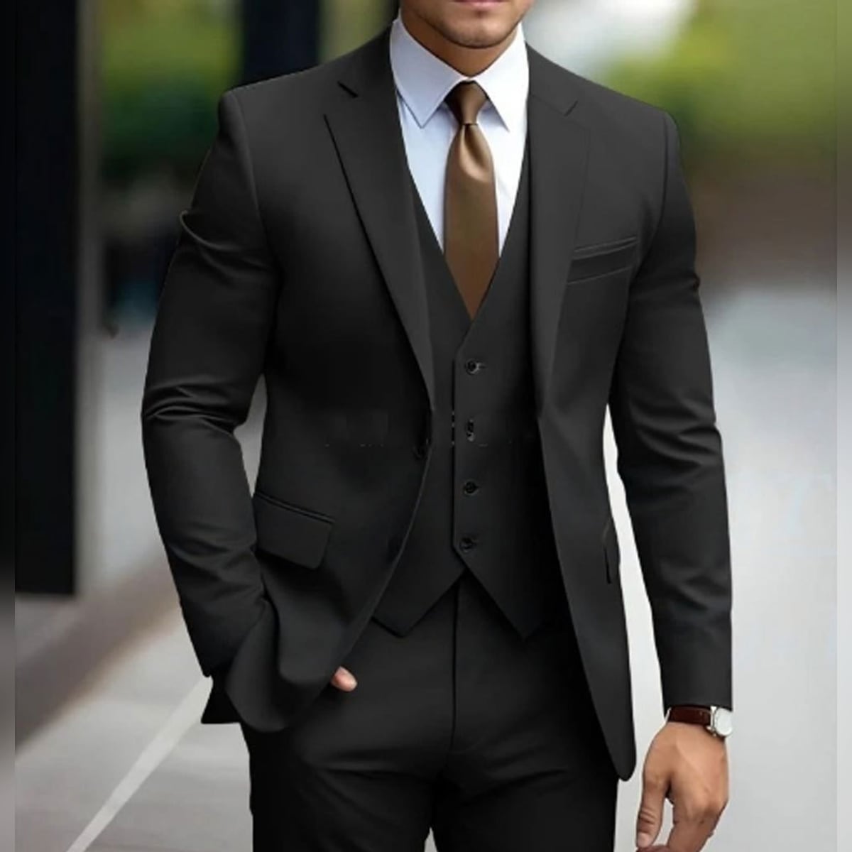 men's slim fit three-piece formal suit in black