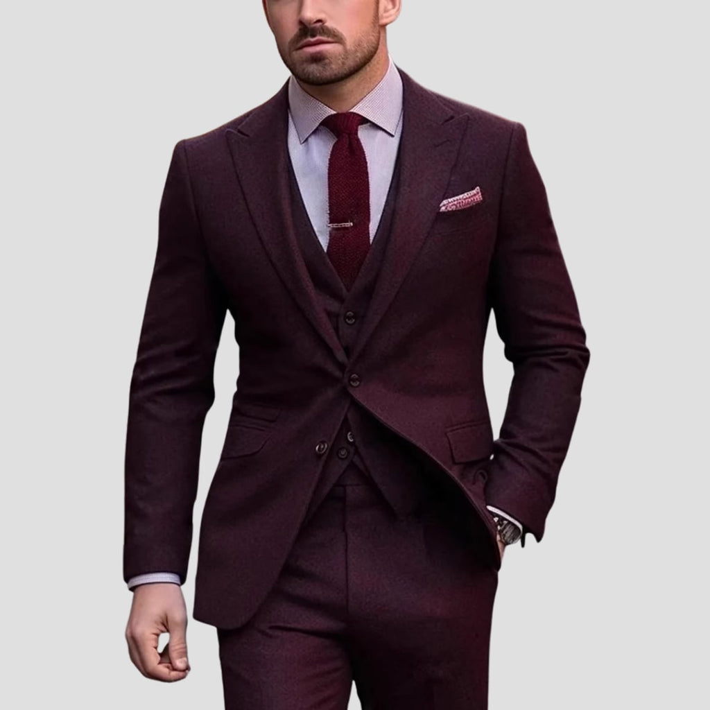 men's slim fit three-piece formal suit in burgundy