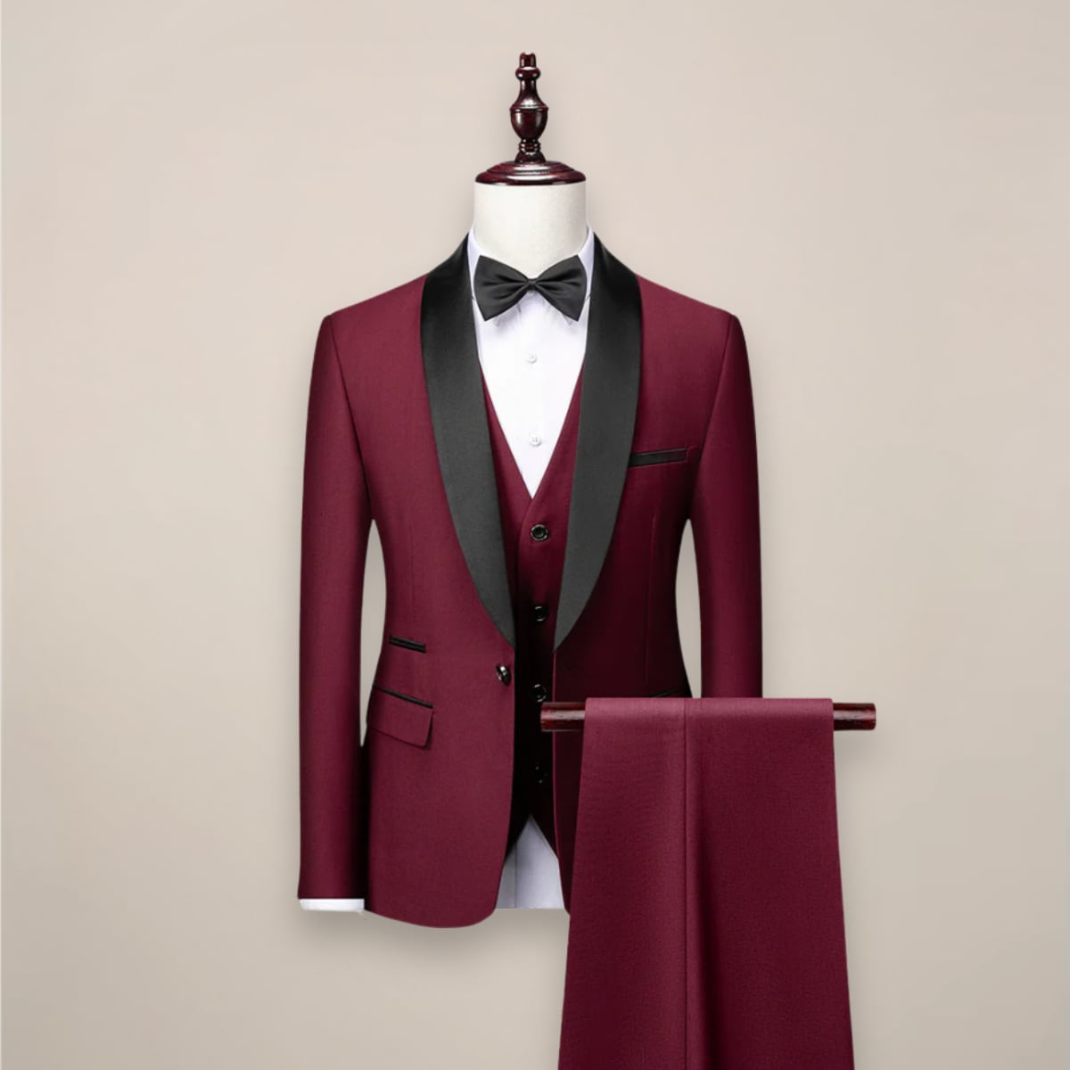 men's slim fit three piece tuxedo suit in wine red
