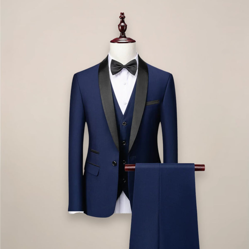 men's slim fit three piece tuxedo suit in navy blue