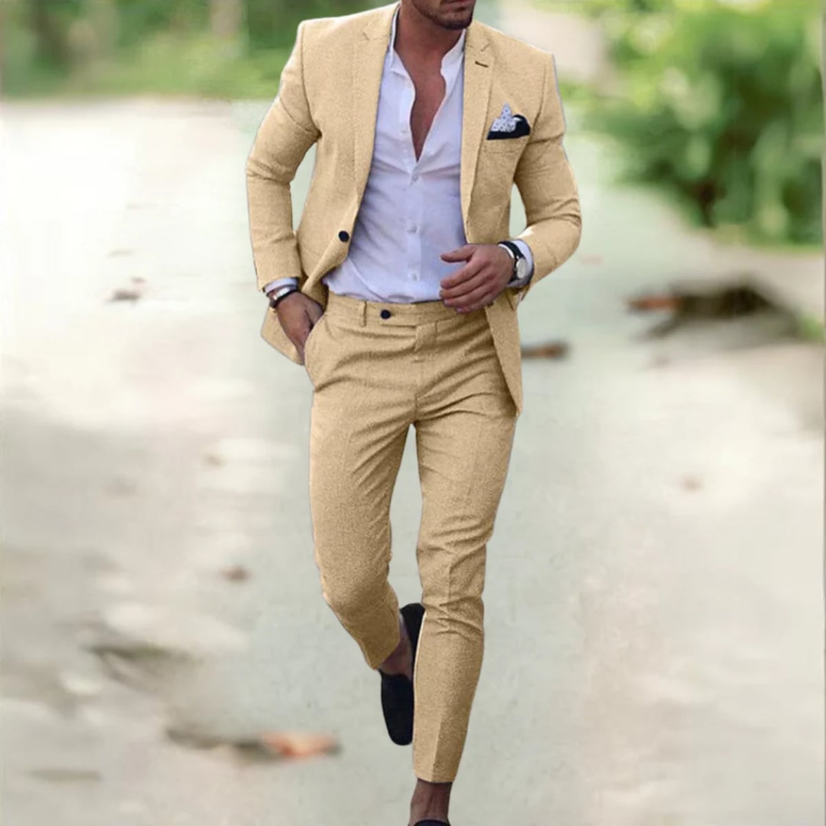 men's slim fit two-piece suit in beige