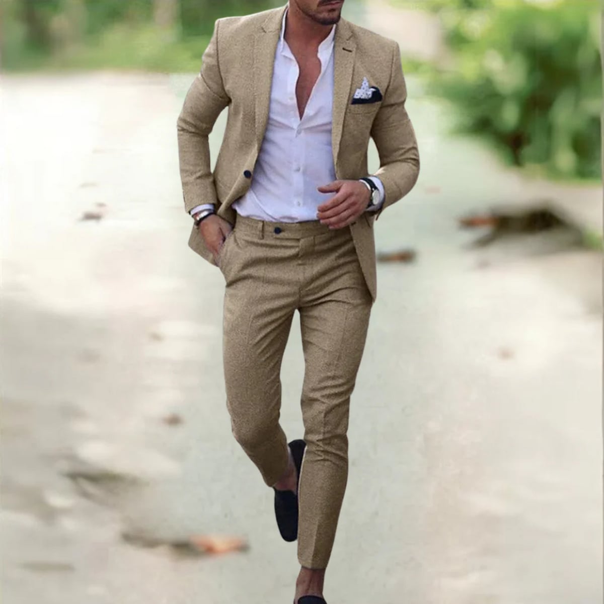 men's slim fit two-piece suit in khaki