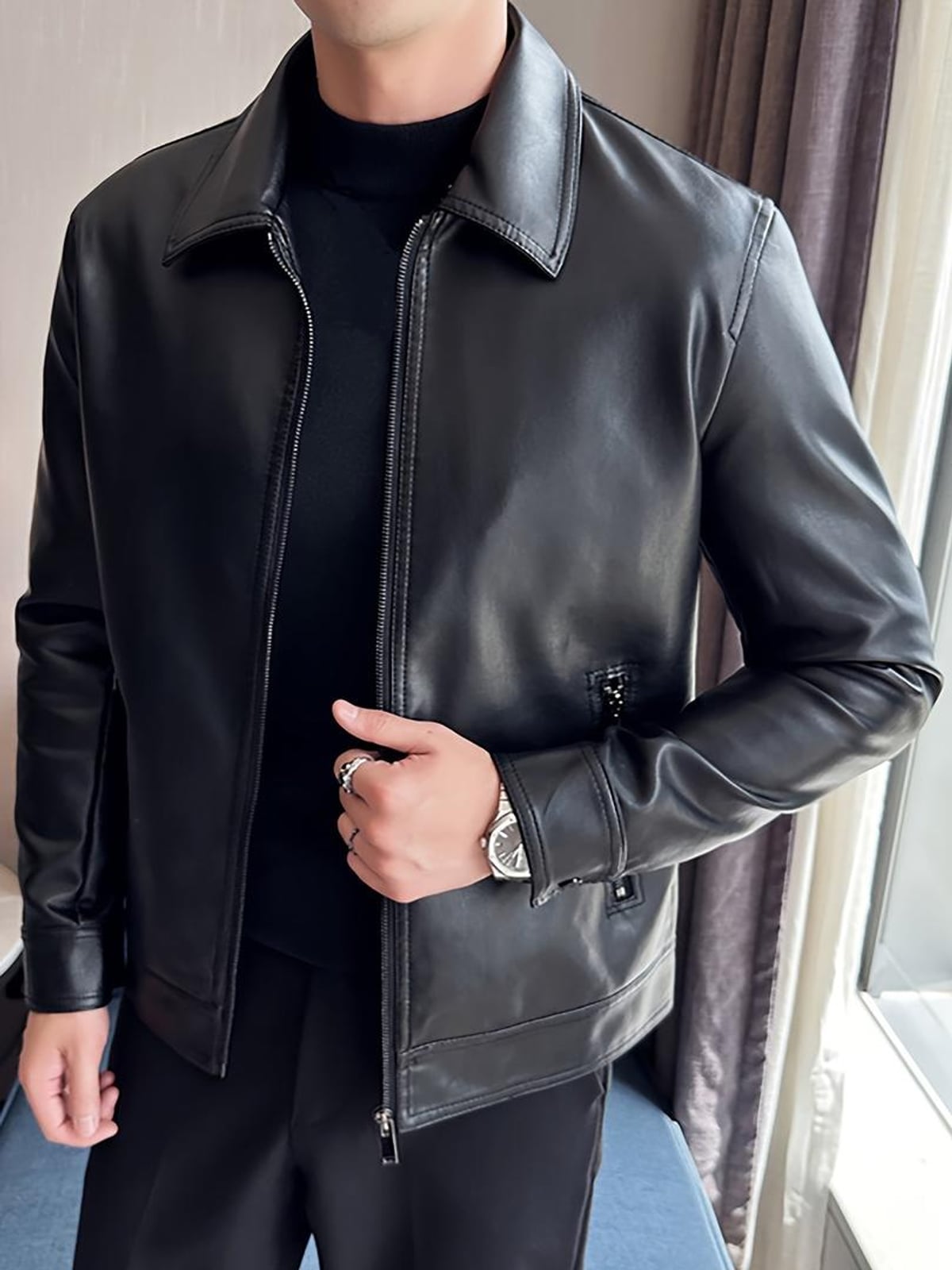 men's slim fit zip-up jacket in black