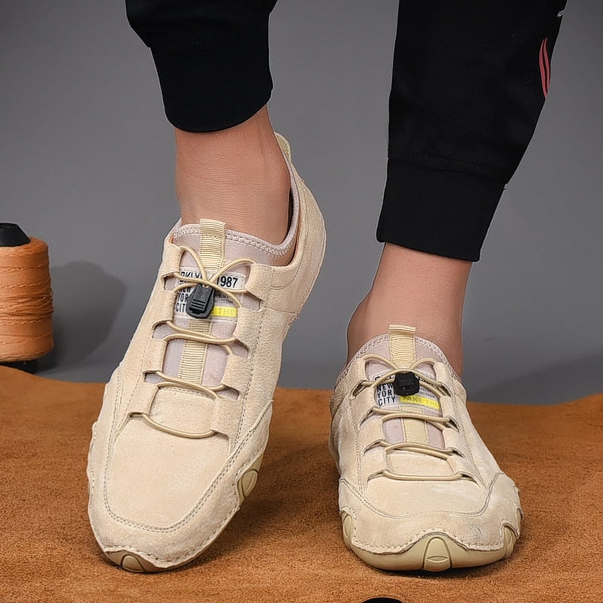 men's slip-on suede moccasins in beige