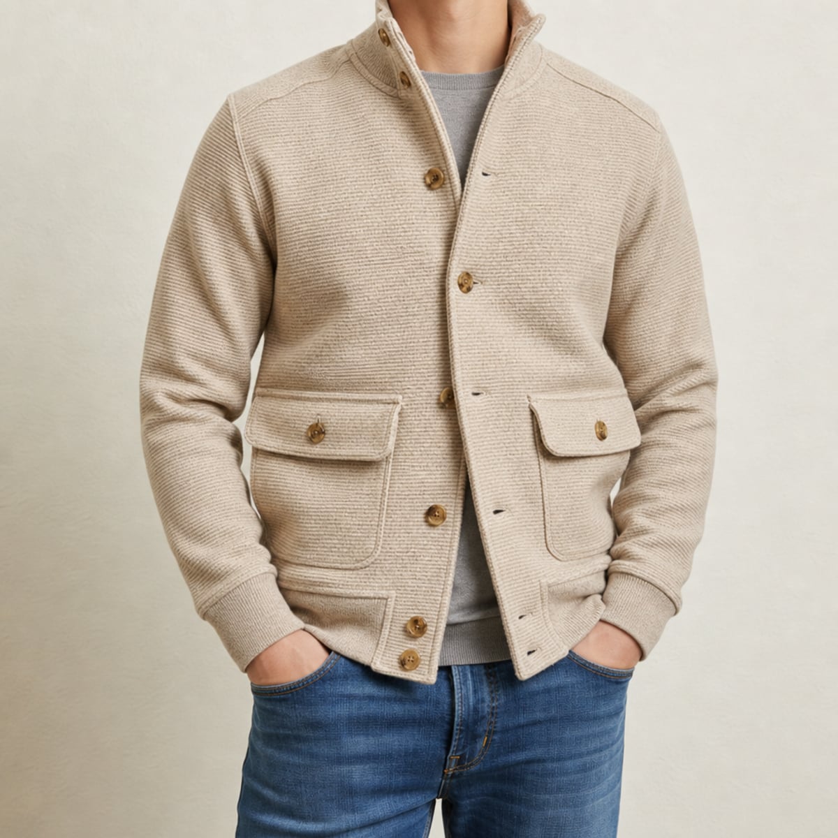 men's stand collar knit jacket in beige