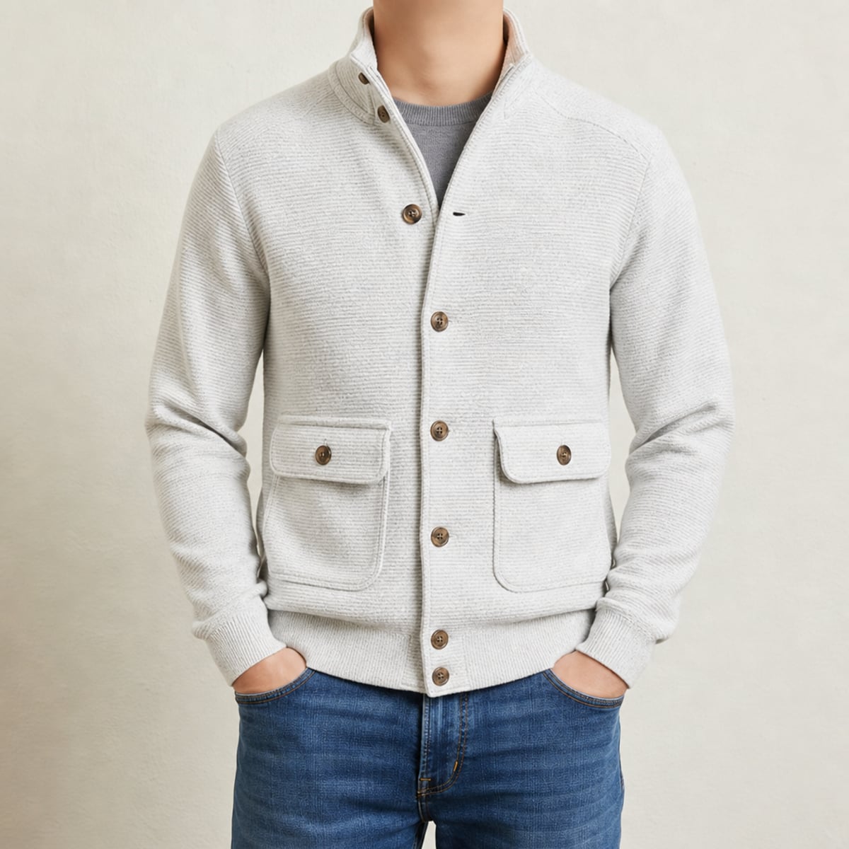 men's stand collar knit jacket in white