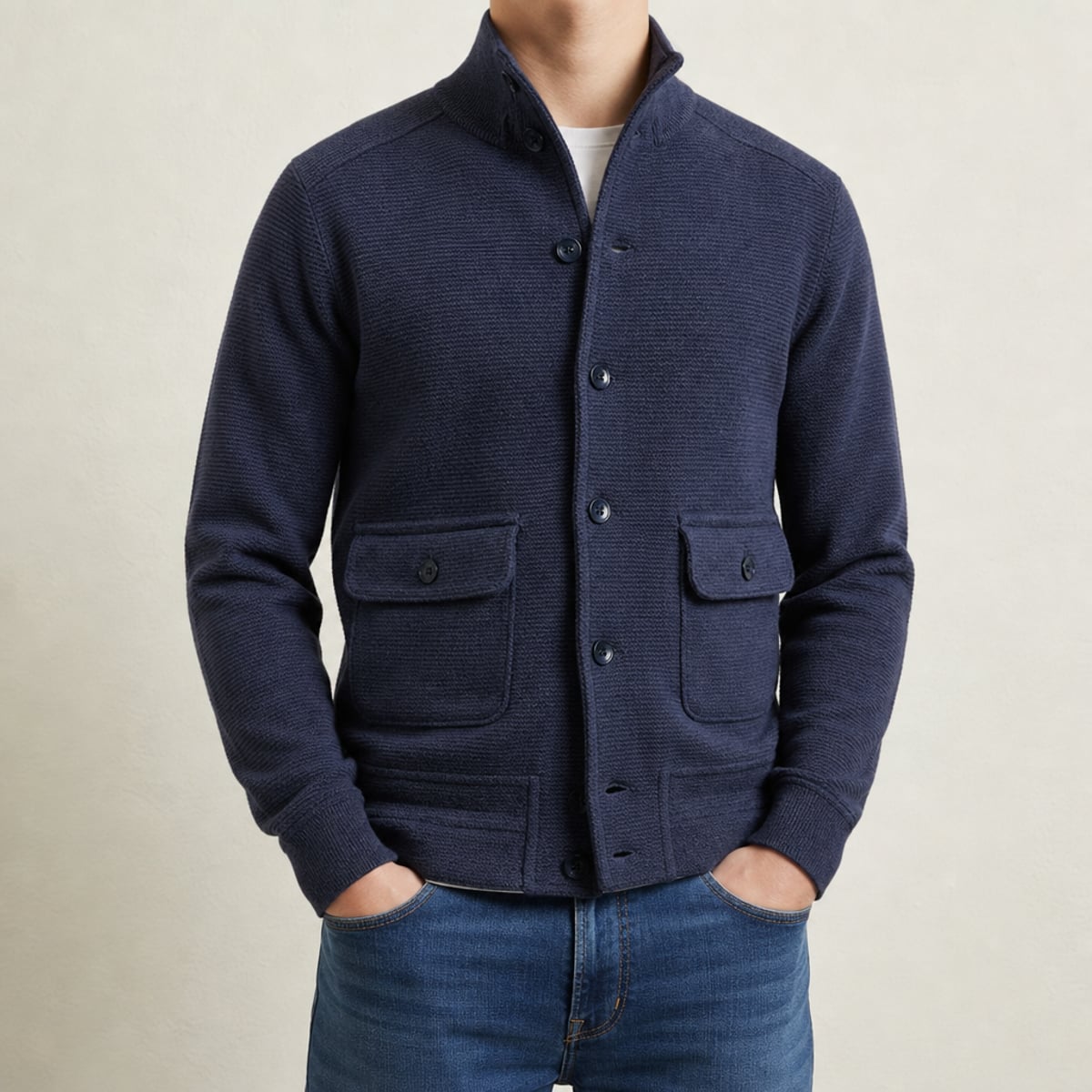 men's stand collar knit jacket in navy