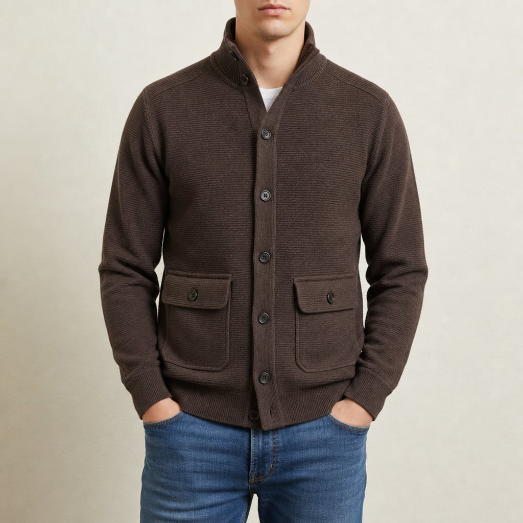 men's stand collar knit jacket in brown