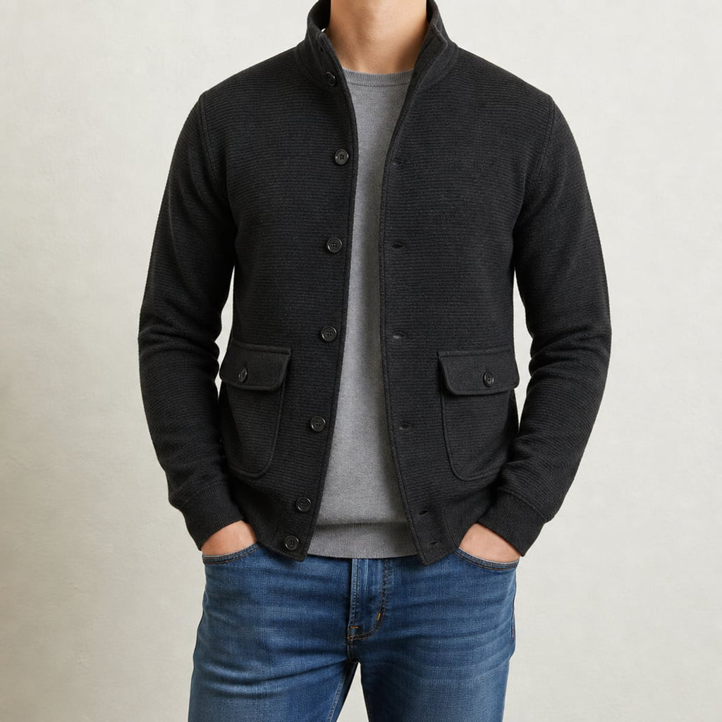 men's stand collar knit jacket in black