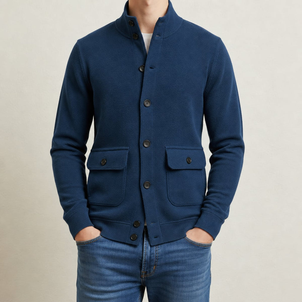 men's stand collar knit jacket in slate blue