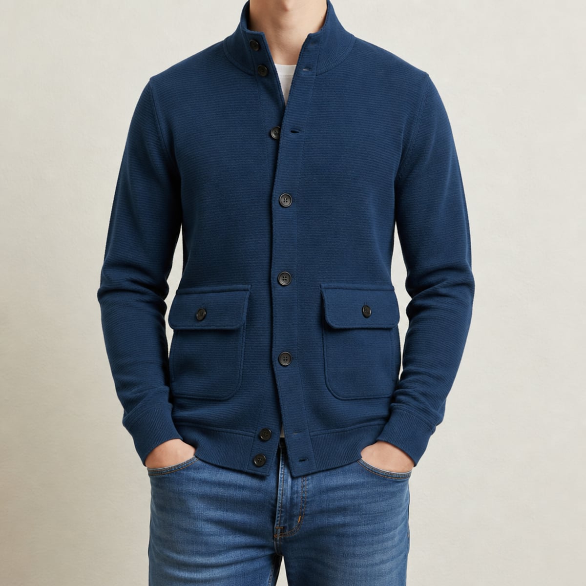 men's stand collar knit jacket in slate blue