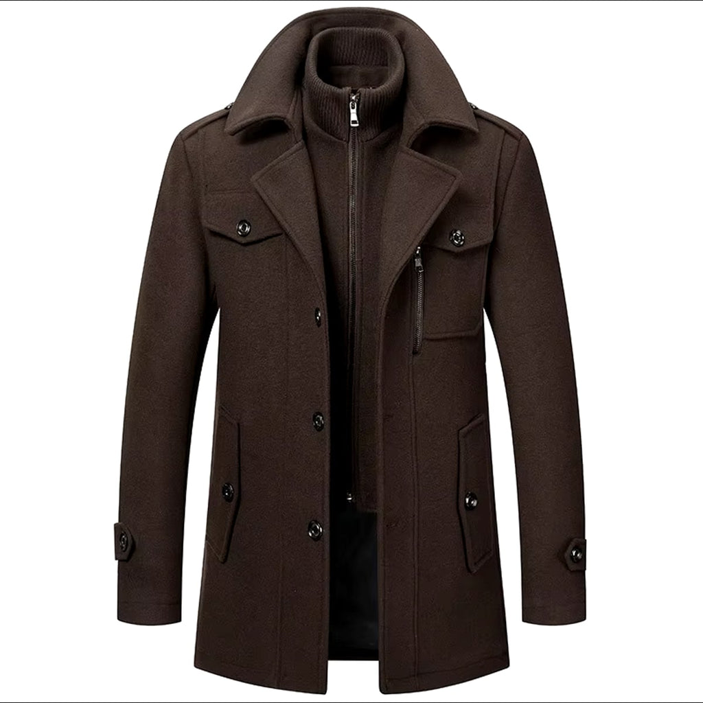 men's stand collar overcoat in dark brown