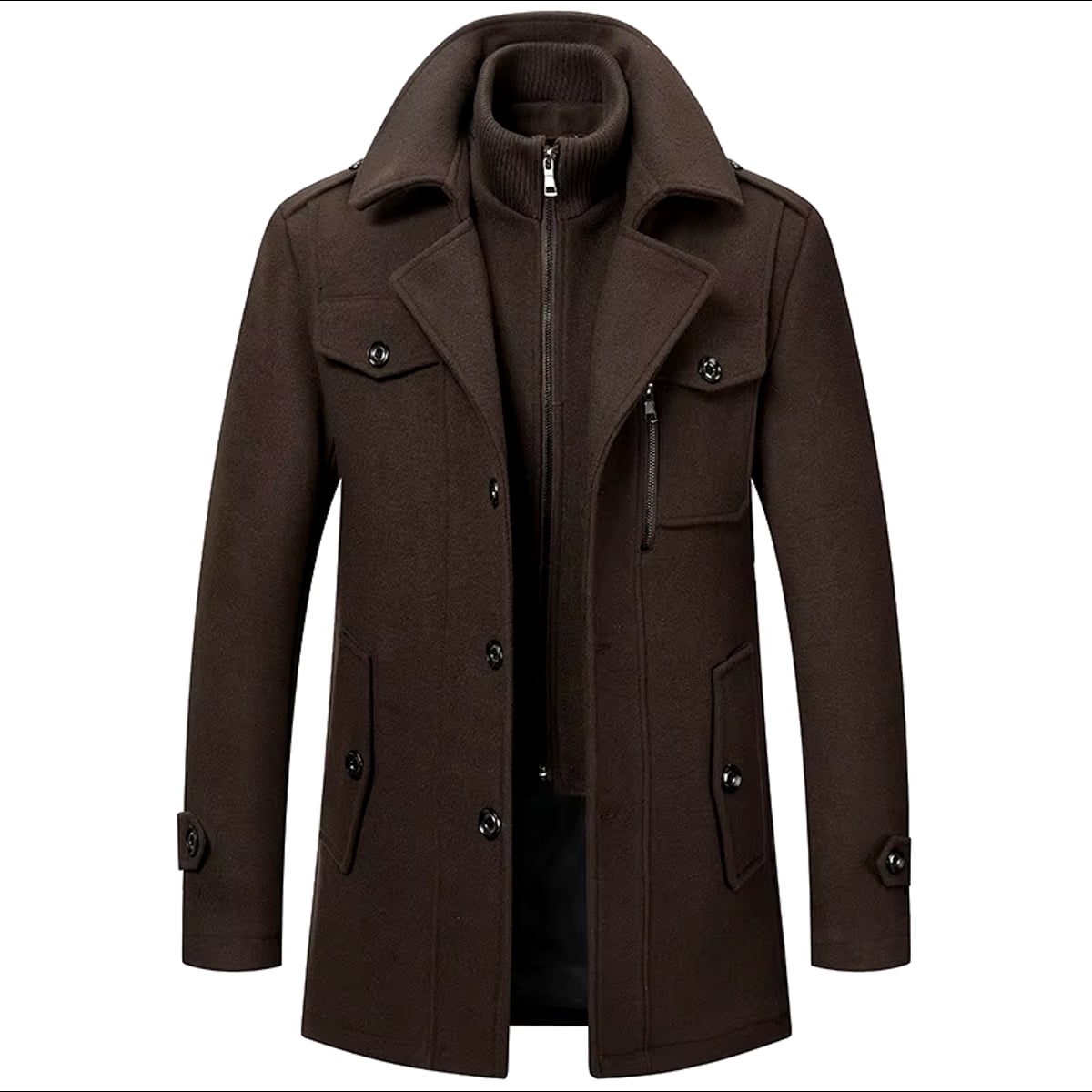men's stand collar overcoat in dark brown