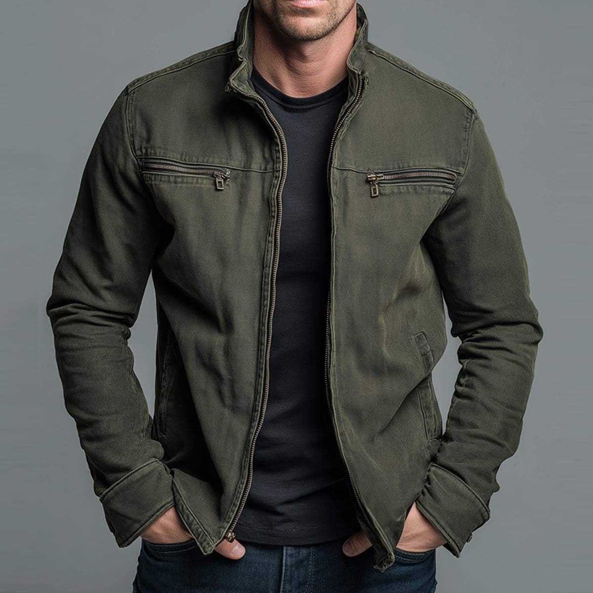 men's stand collar zip-up jacket in army green