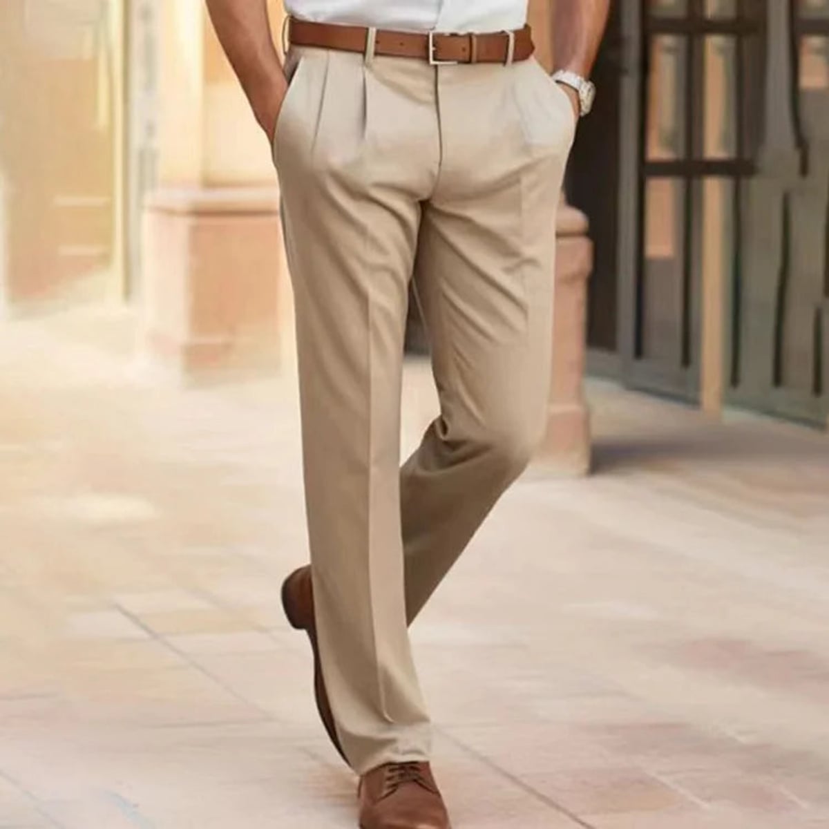 men's straight leg smart trousers in beige