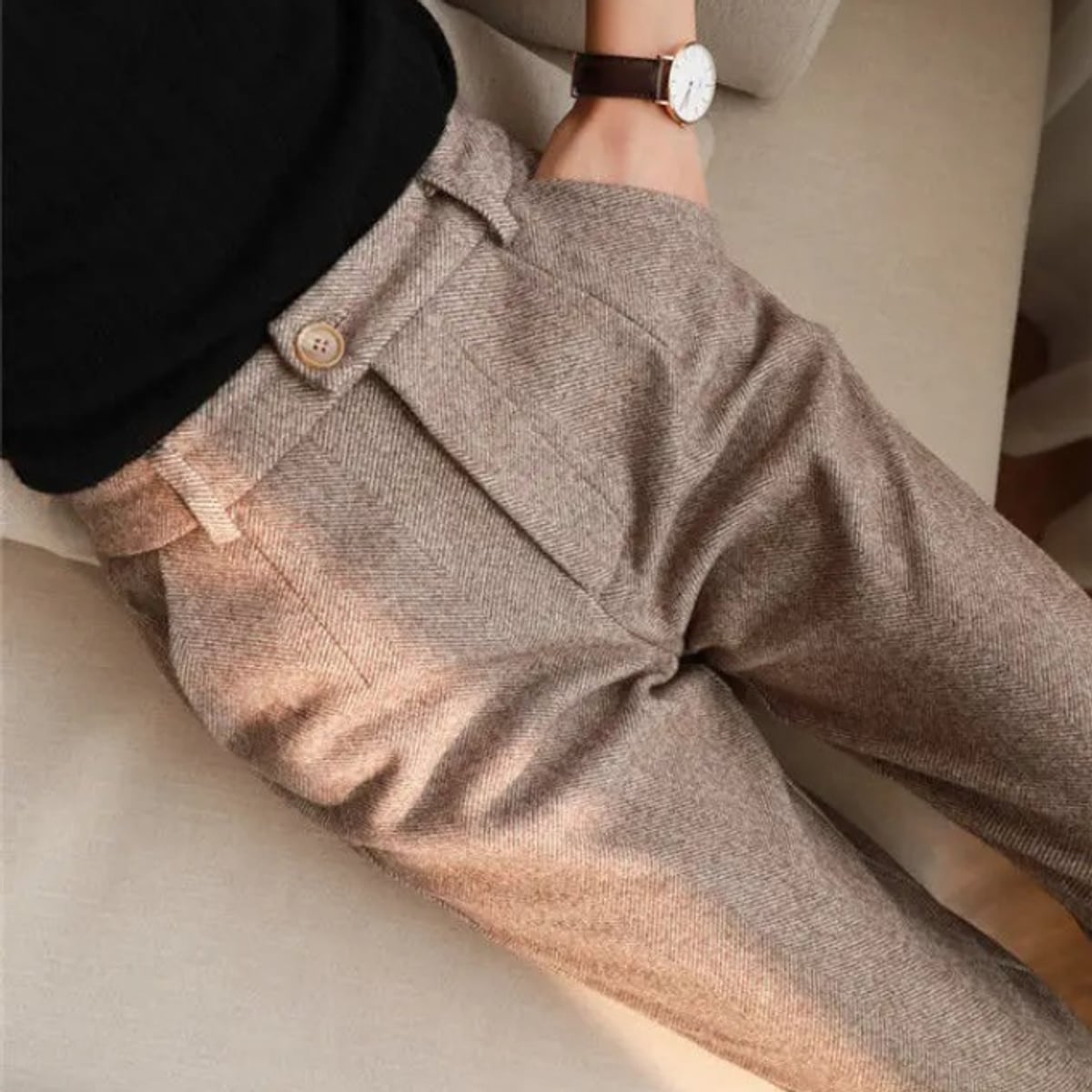 men's tapered herringbone trousers in brown