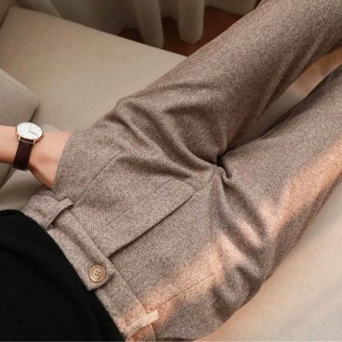 men's tapered herringbone trousers in brown