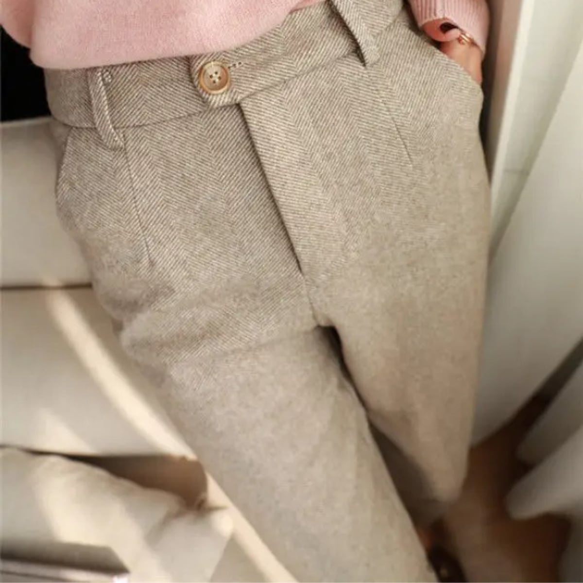 men's tapered herringbone trousers in beige