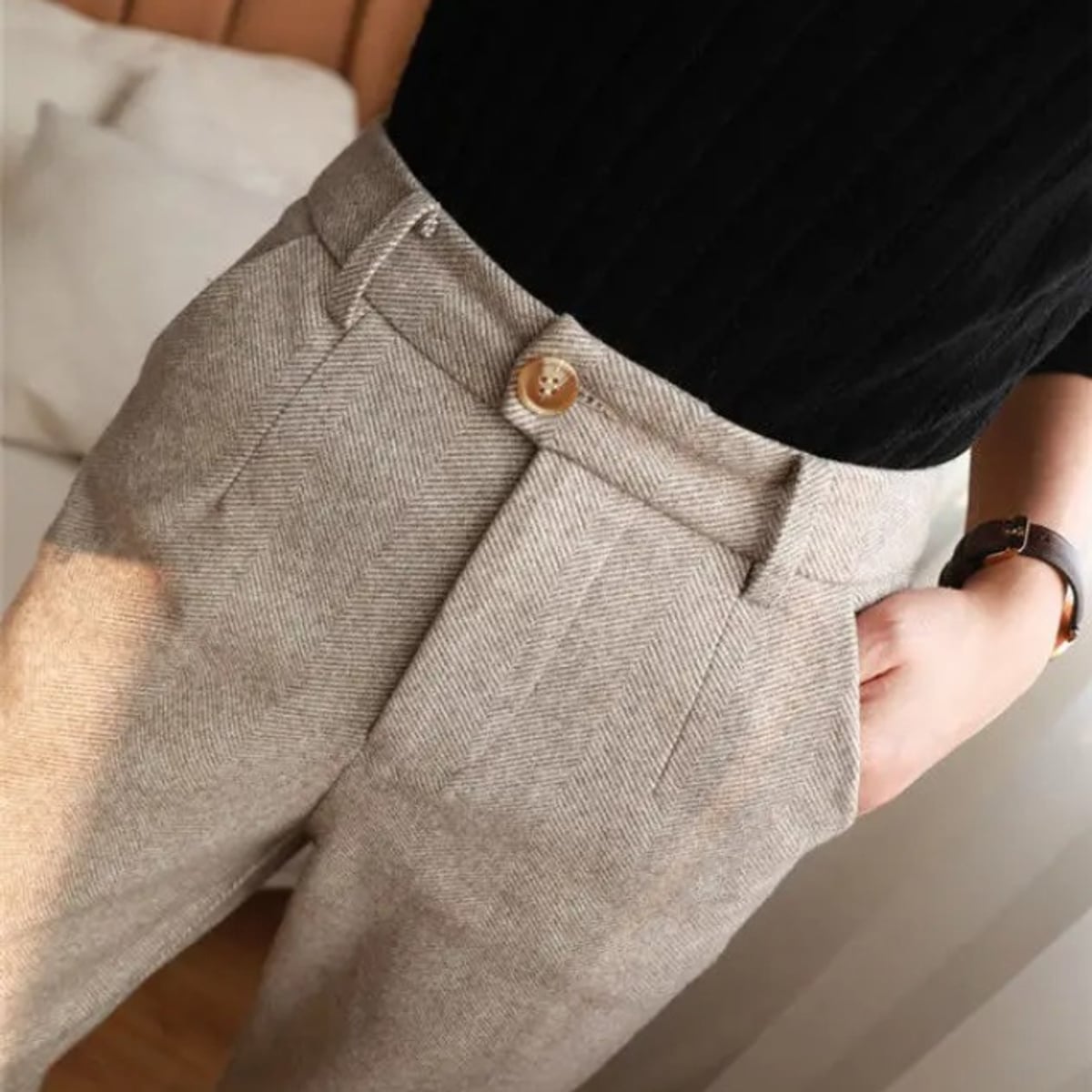 men's tapered herringbone trousers in beige