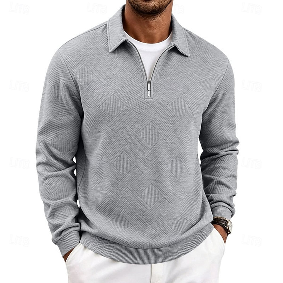 men's textured quarter-zip pullover in light gray