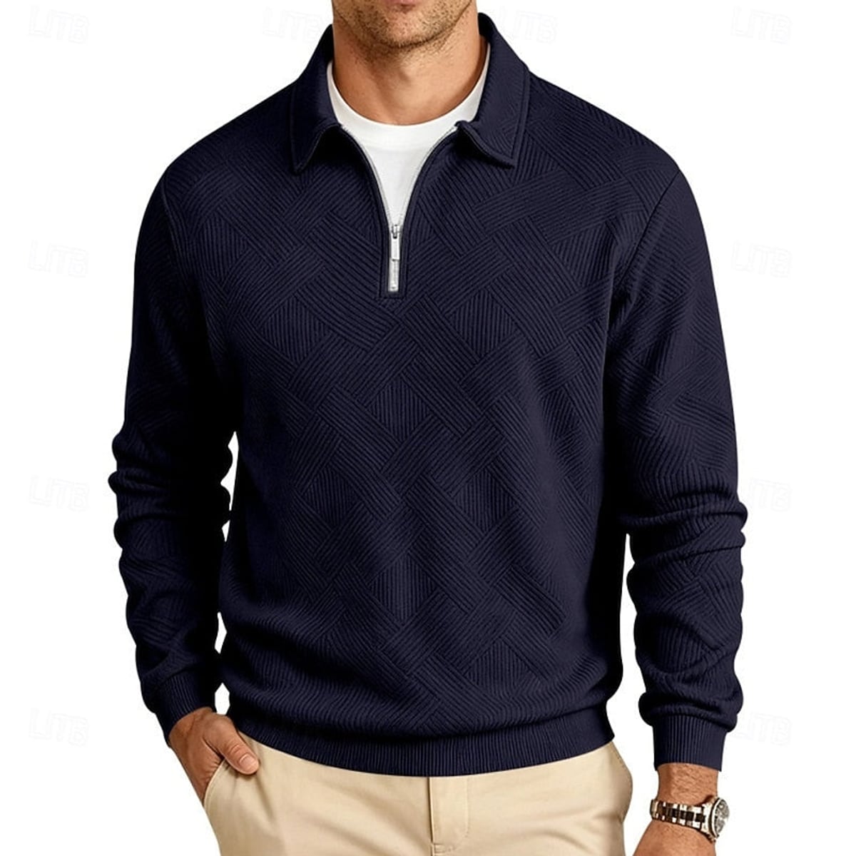 men's textured quarter-zip pullover in navy blue