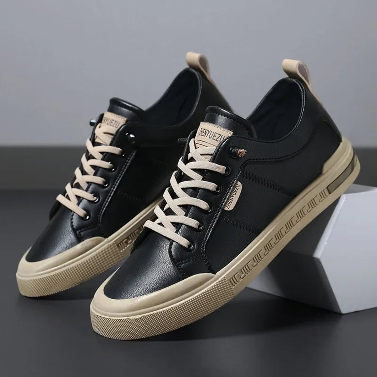 men's two-tone lace-up sneakers in black/beige
