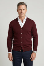 men's v-neck button cardigan in burgundy