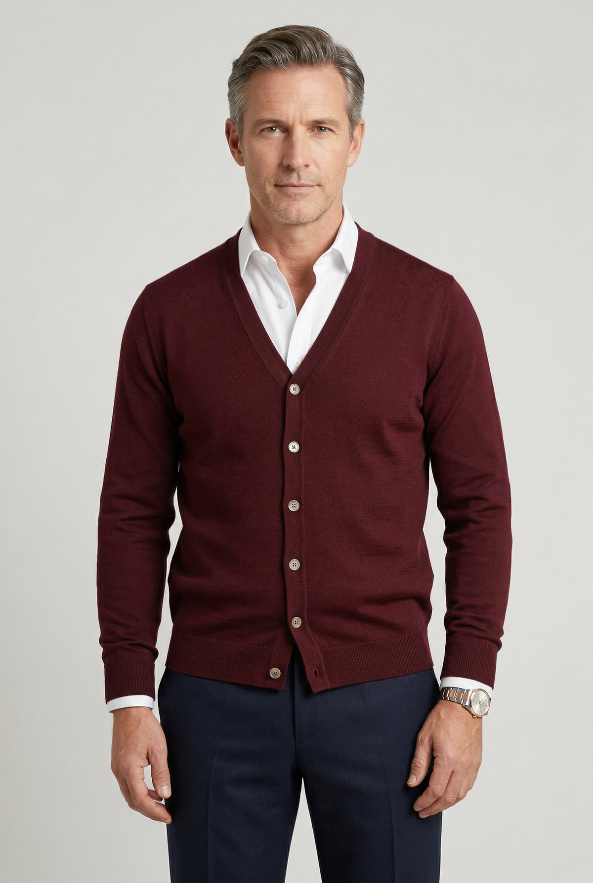 men's v-neck button cardigan in burgundy