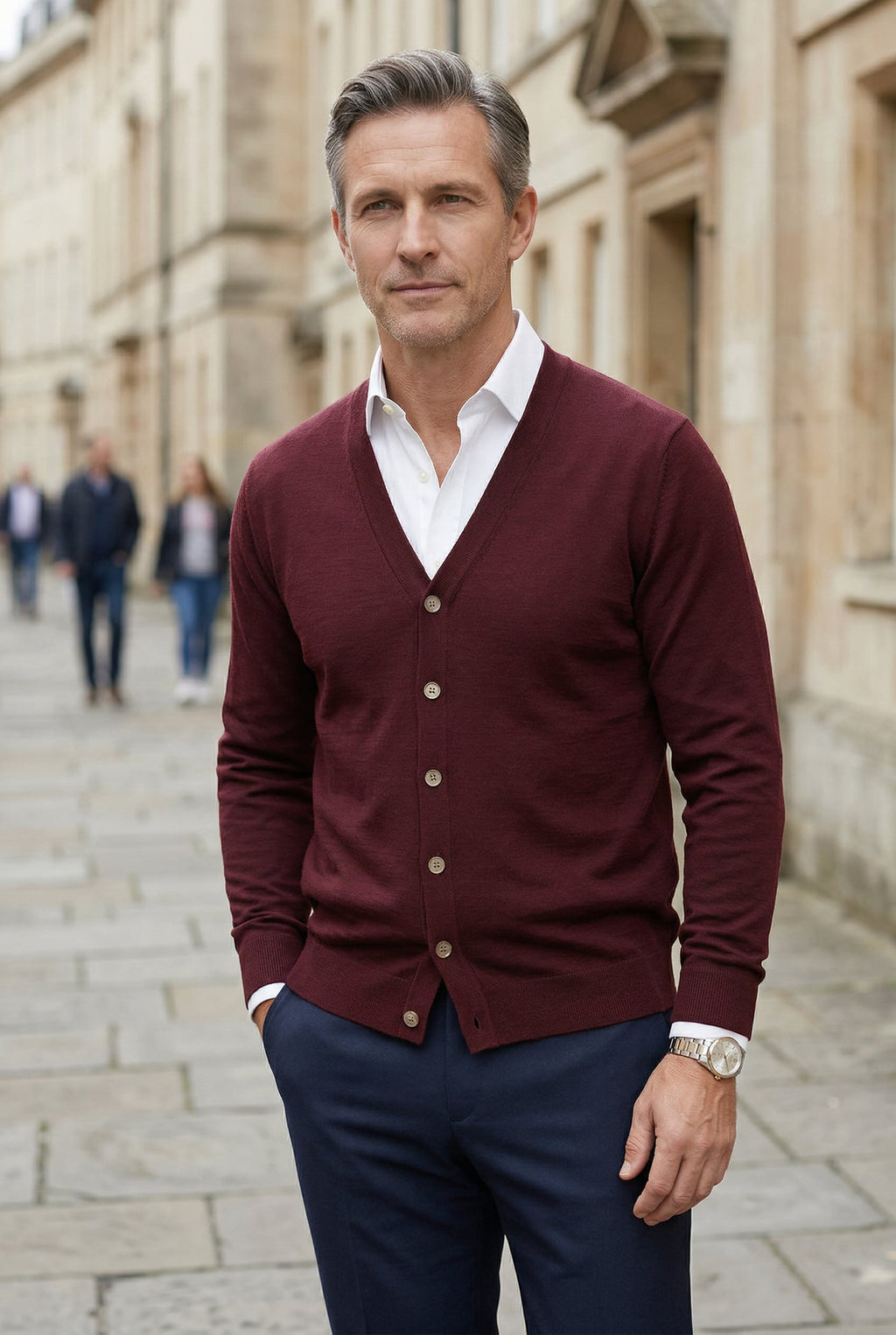 men's v-neck button cardigan in burgundy