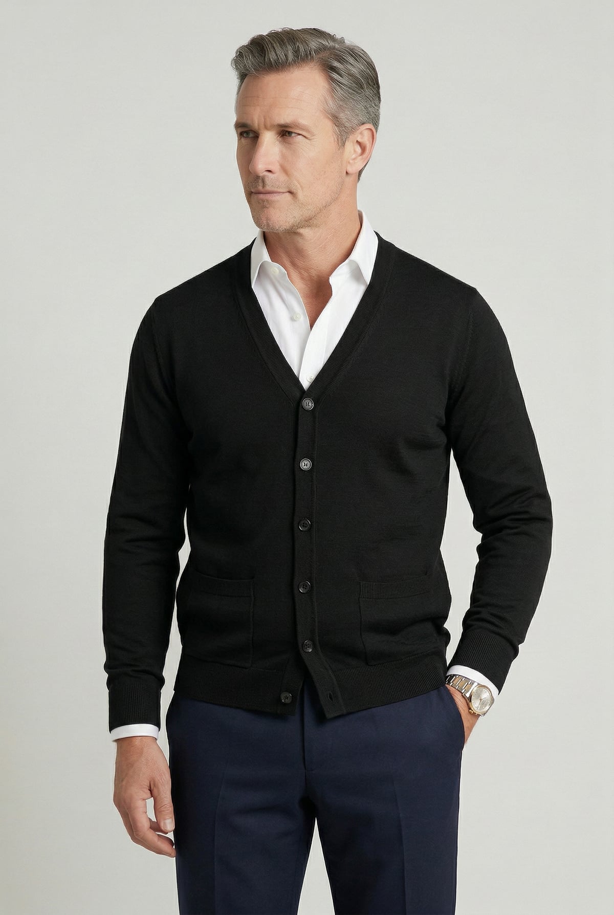 men's v-neck button cardigan in black