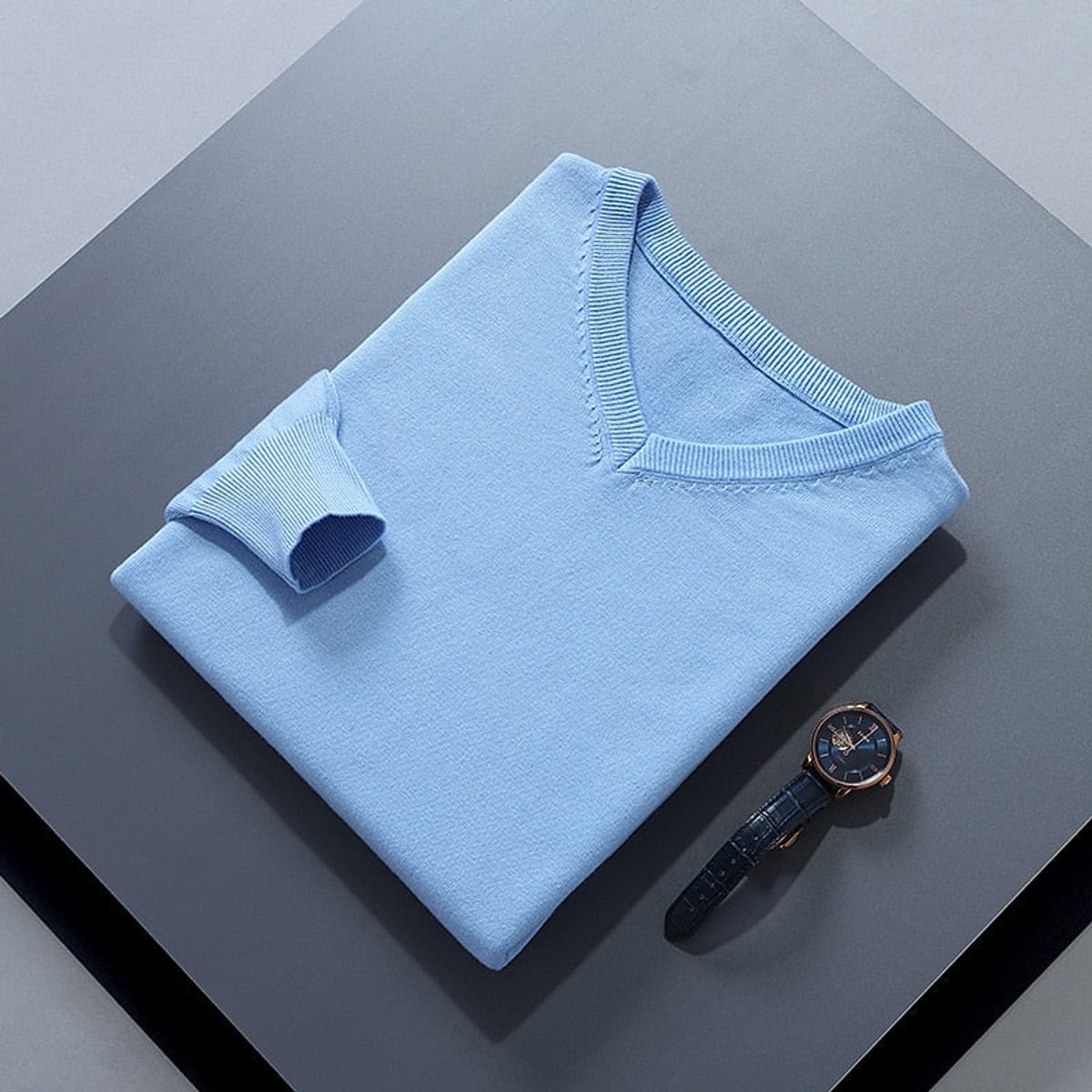 men's v-neck knit sweater in light blue