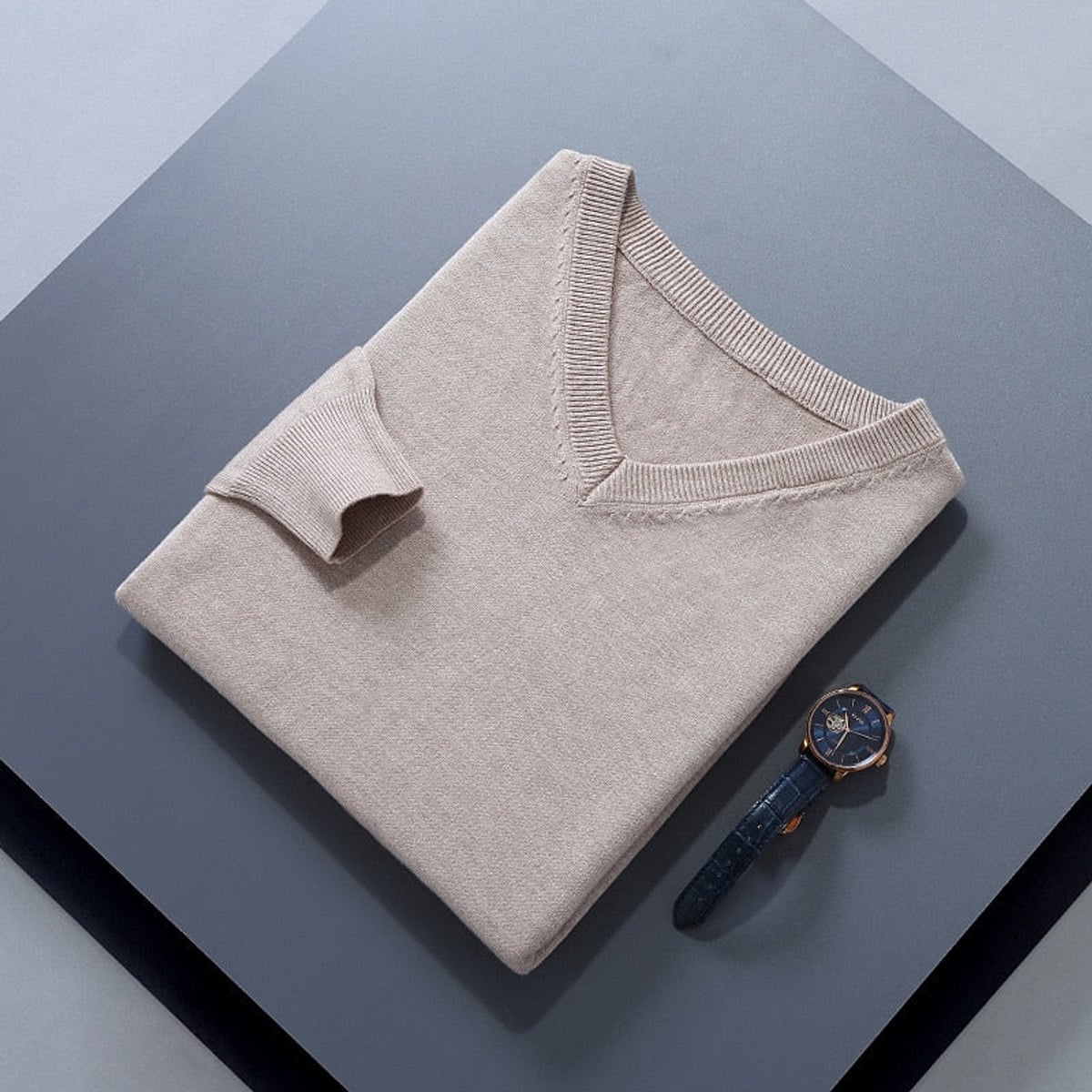 men's v-neck knit sweater in camel