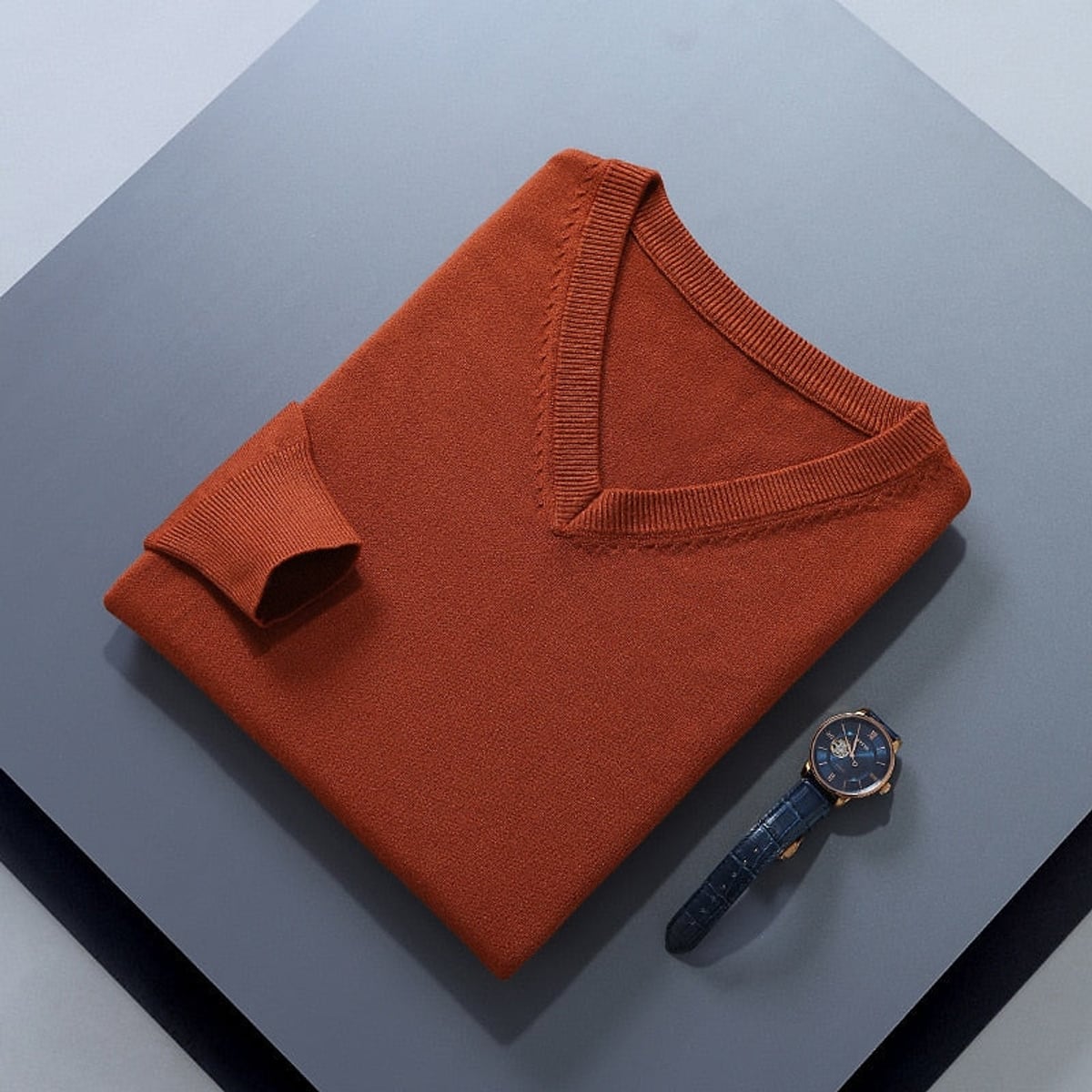 men's v-neck knit sweater in orange