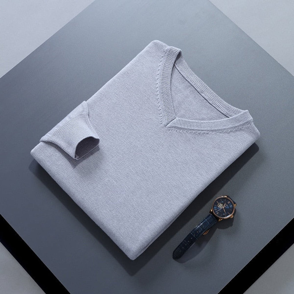 men's v-neck knit sweater in light gray