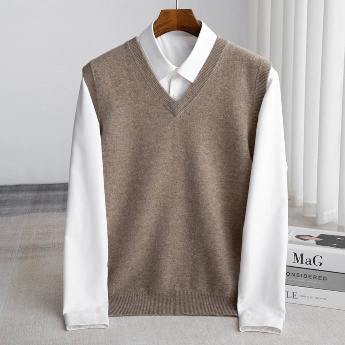 men's v-neck knit sweater vest in camel