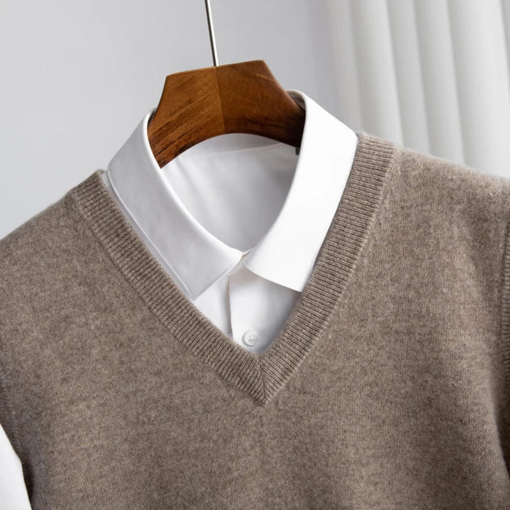 men's v-neck knit sweater vest in camel