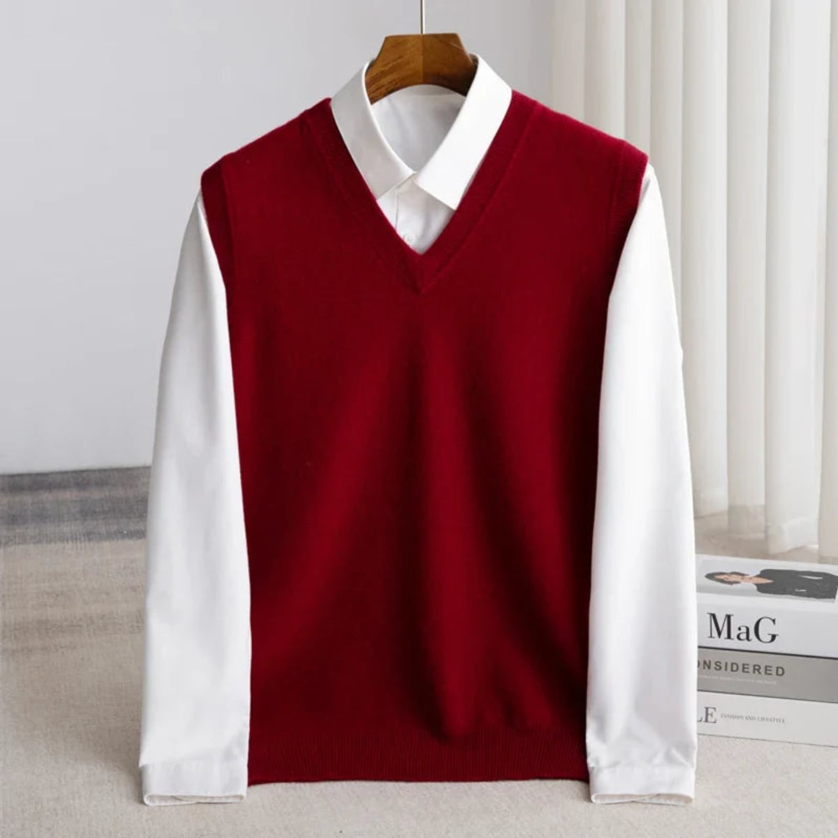men's v-neck knit sweater vest in burgundy