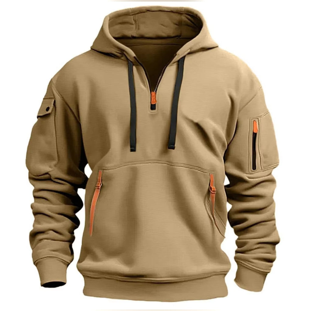 men's zip collar pullover hoodie in khaki