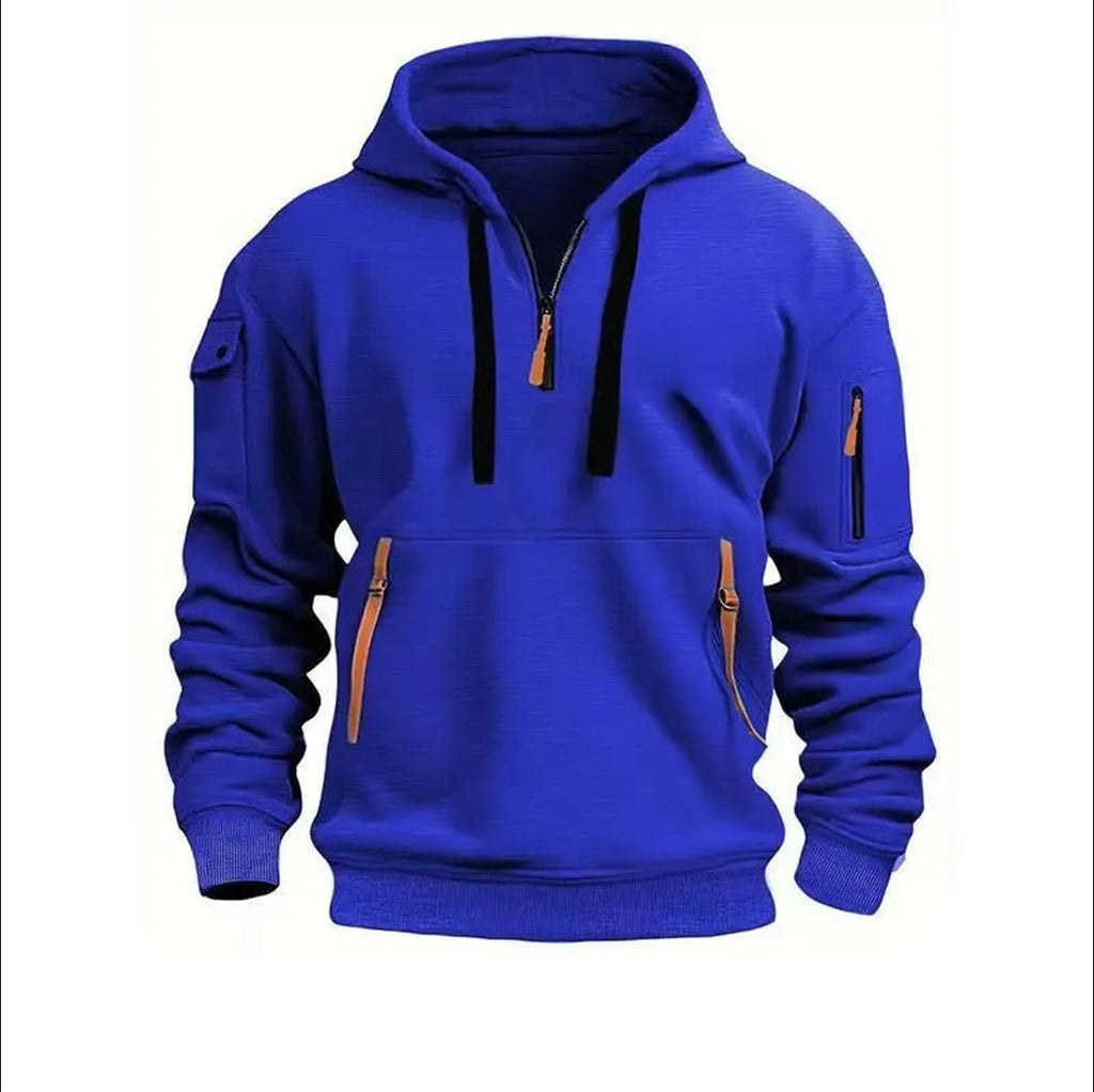 men's zip collar pullover hoodie in blue