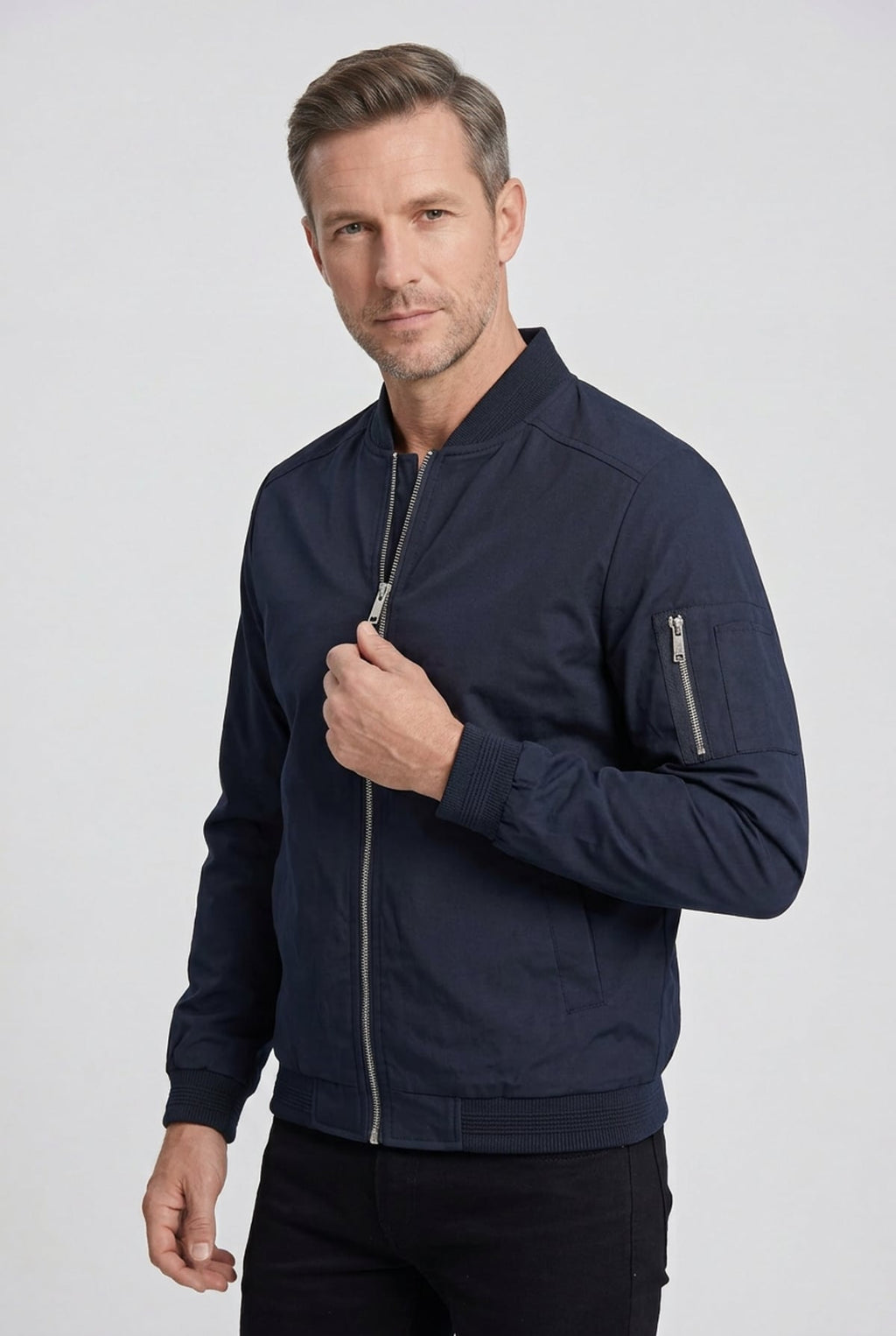 men's zip-up bomber jacket in extended sizes in navy