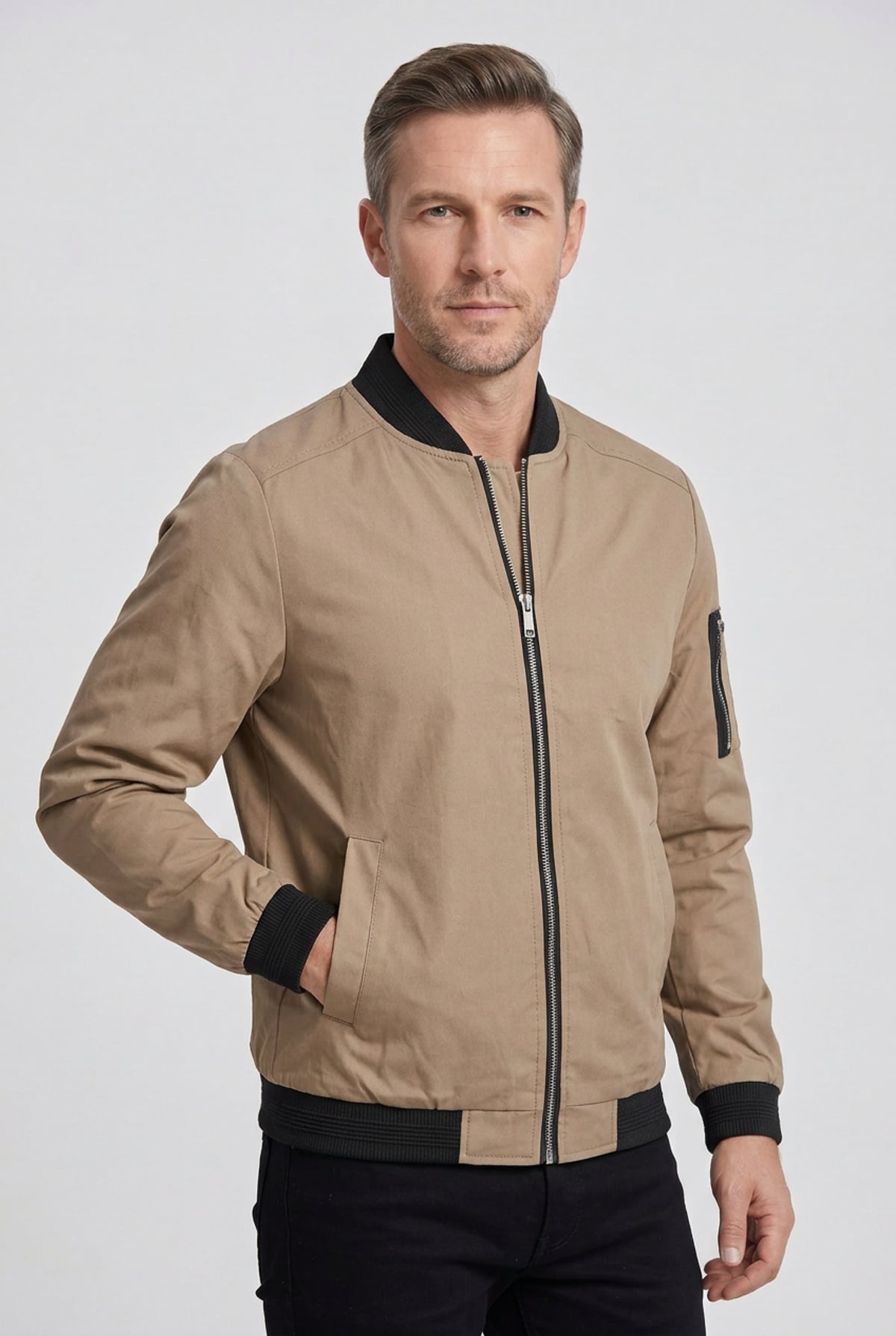 men's zip-up bomber jacket in extended sizes in beige