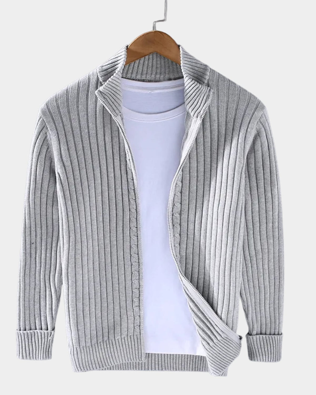 men's zip-up ribbed knit cardigan in light gray