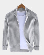 men's zip-up ribbed knit cardigan in light gray