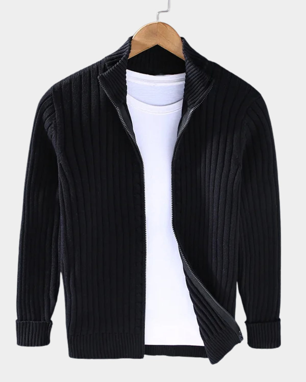 men's zip-up ribbed knit cardigan in black
