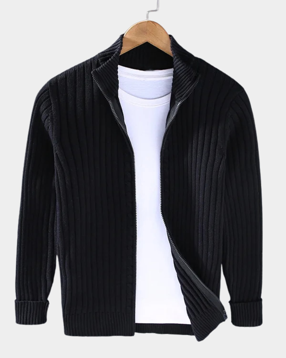 men's zip-up ribbed knit cardigan in black
