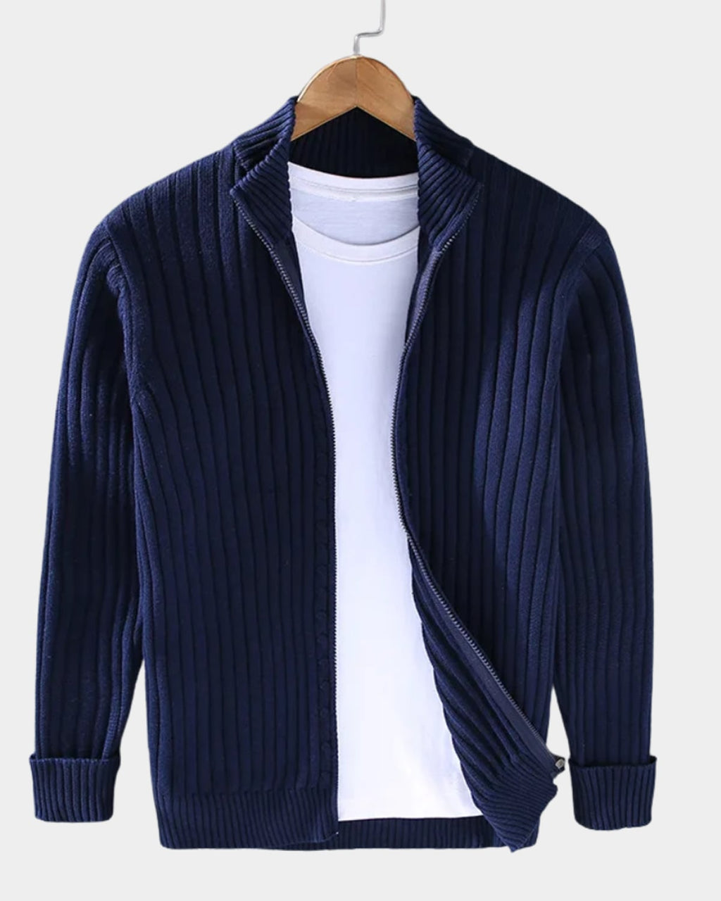 men's zip-up ribbed knit cardigan in blue