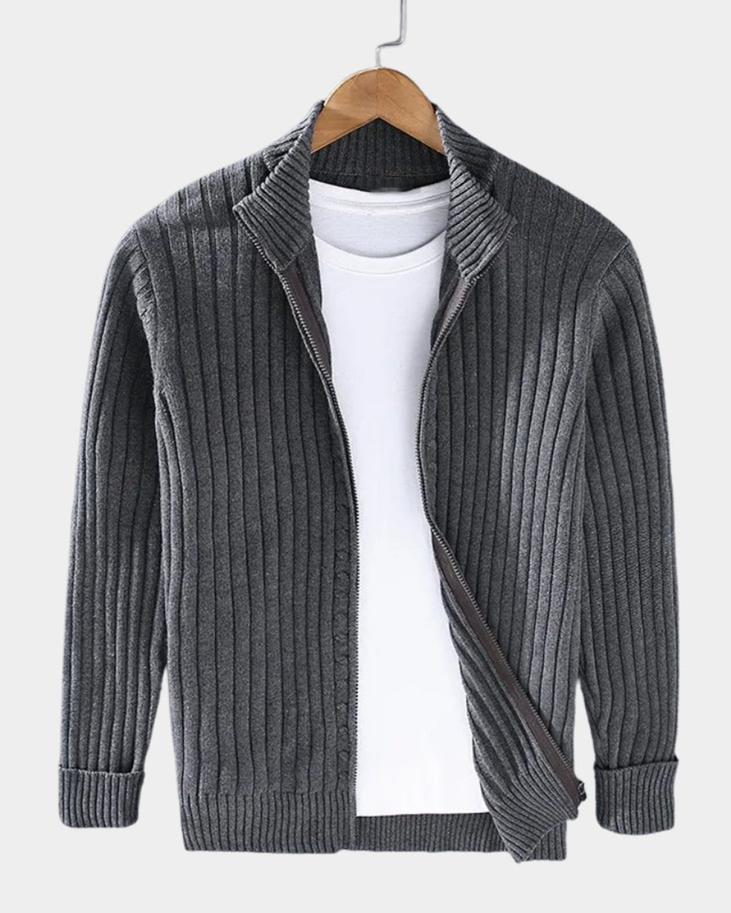 men's zip-up ribbed knit cardigan in dark gray