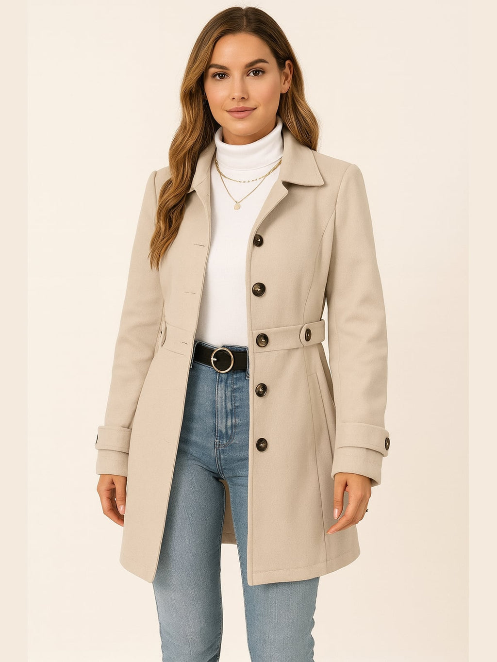 women's belted single breasted trench coat in champagne