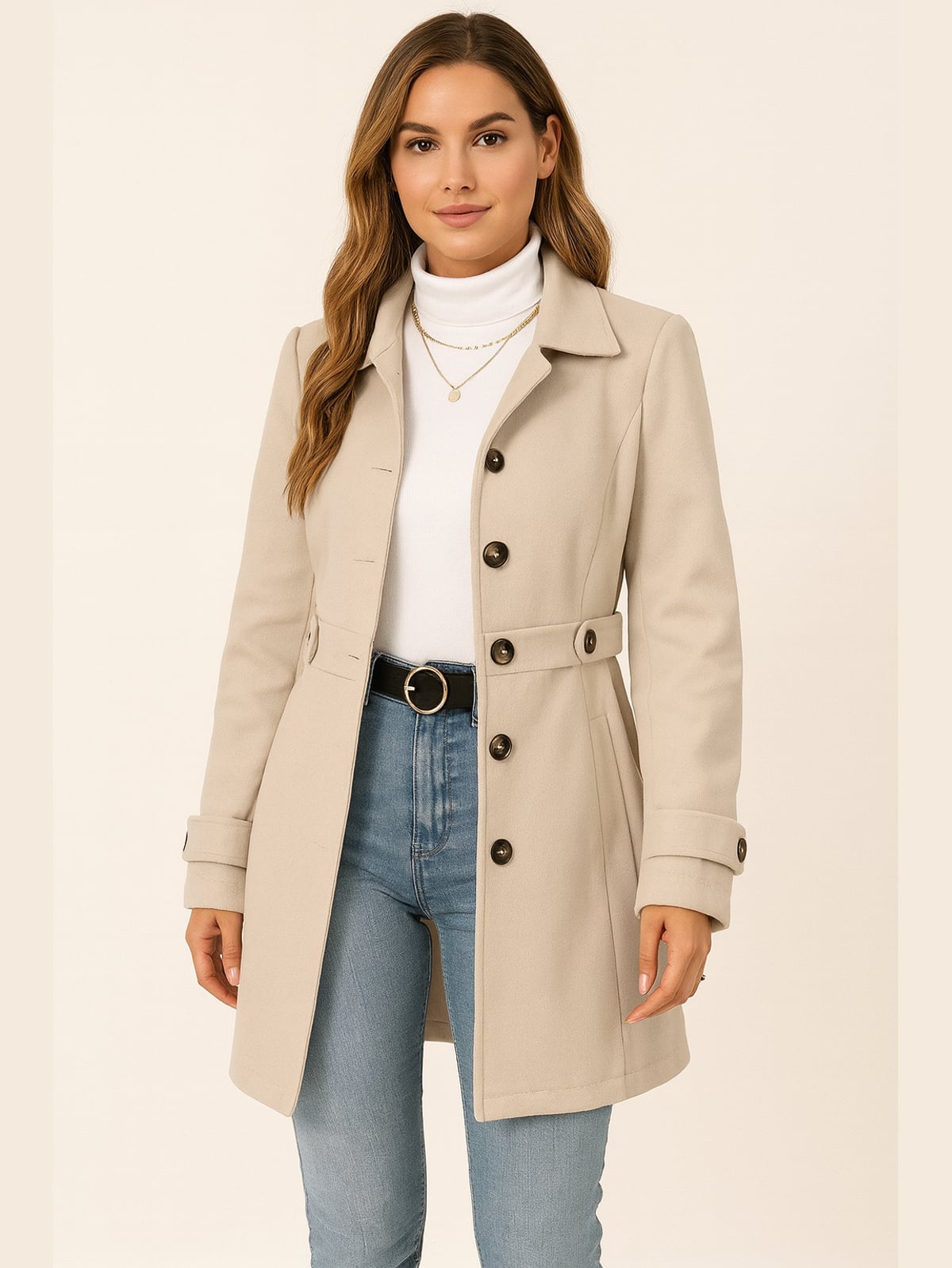 women's belted single breasted trench coat in champagne